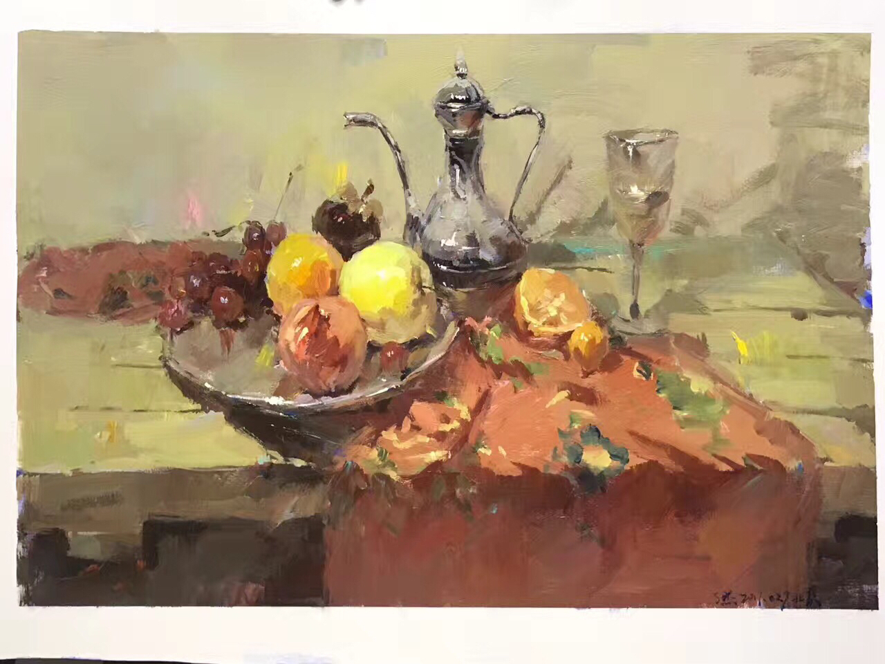 北京畫室色彩靜物水果酒壺范畫作